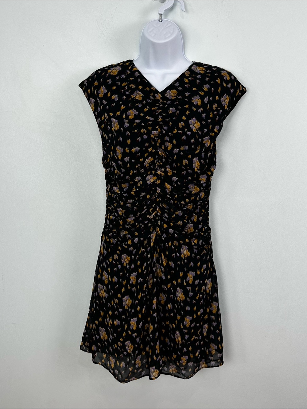 Banana Republic Size 2 Georgette Ruched Front Black Floral Sleeveless Dress